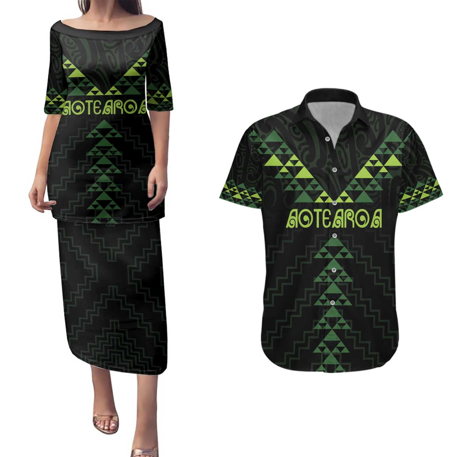 Custom New Zealand Maori Koru Koiri Motif Couples Matching Puletasi and Hawaiian Shirt LT9 Green - Polynesian Pride