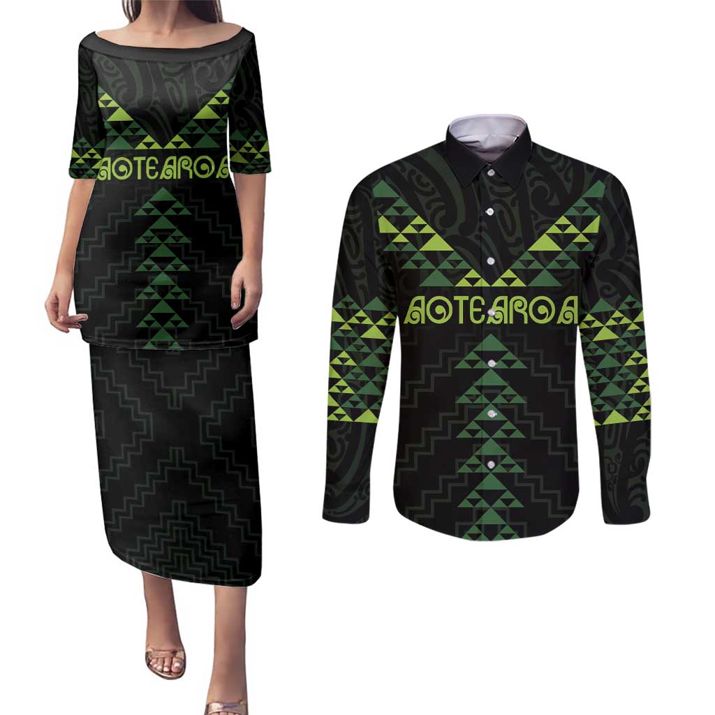 Custom New Zealand Maori Koru Koiri Motif Couples Matching Puletasi and Long Sleeve Button Shirt LT9 Green - Polynesian Pride