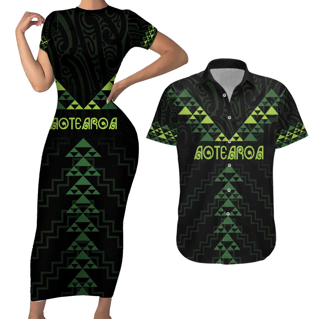 Custom New Zealand Maori Koru Koiri Motif Couples Matching Short Sleeve Bodycon Dress and Hawaiian Shirt LT9 Green - Polynesian Pride