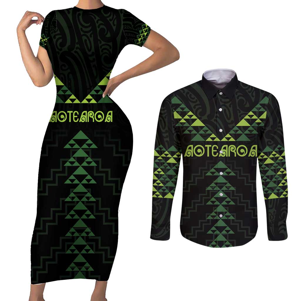 Custom New Zealand Maori Koru Koiri Motif Couples Matching Short Sleeve Bodycon Dress and Long Sleeve Button Shirt LT9 Green - Polynesian Pride