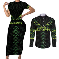 Custom New Zealand Maori Koru Koiri Motif Couples Matching Short Sleeve Bodycon Dress and Long Sleeve Button Shirt LT9 Green - Polynesian Pride