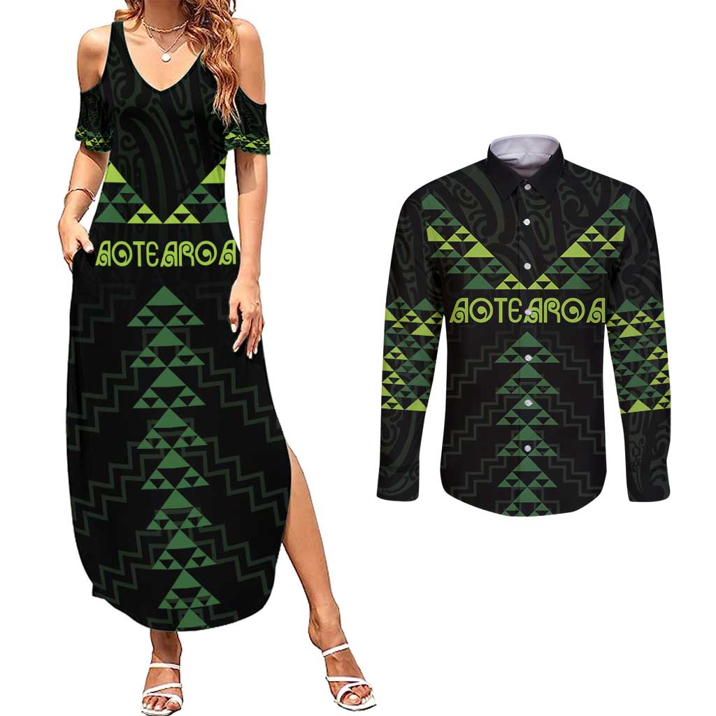 Custom New Zealand Maori Koru Koiri Motif Couples Matching Summer Maxi Dress and Long Sleeve Button Shirt LT9 Green - Polynesian Pride