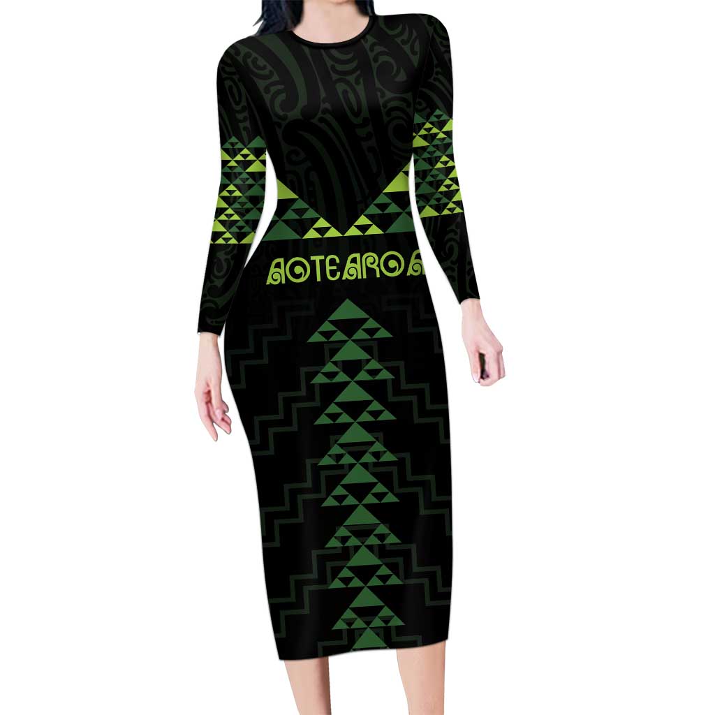Custom New Zealand Maori Koru Koiri Motif Family Matching Long Sleeve Bodycon Dress and Hawaiian Shirt LT9 Mom's Dress Green - Polynesian Pride