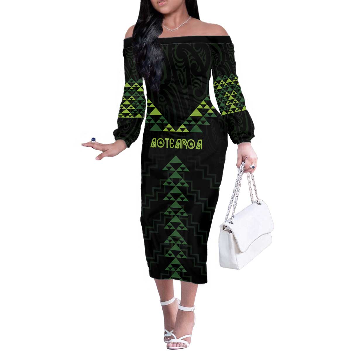 Custom New Zealand Maori Koru Koiri Motif Family Matching Off The Shoulder Long Sleeve Dress and Hawaiian Shirt LT9 Mom's Dress Green - Polynesian Pride