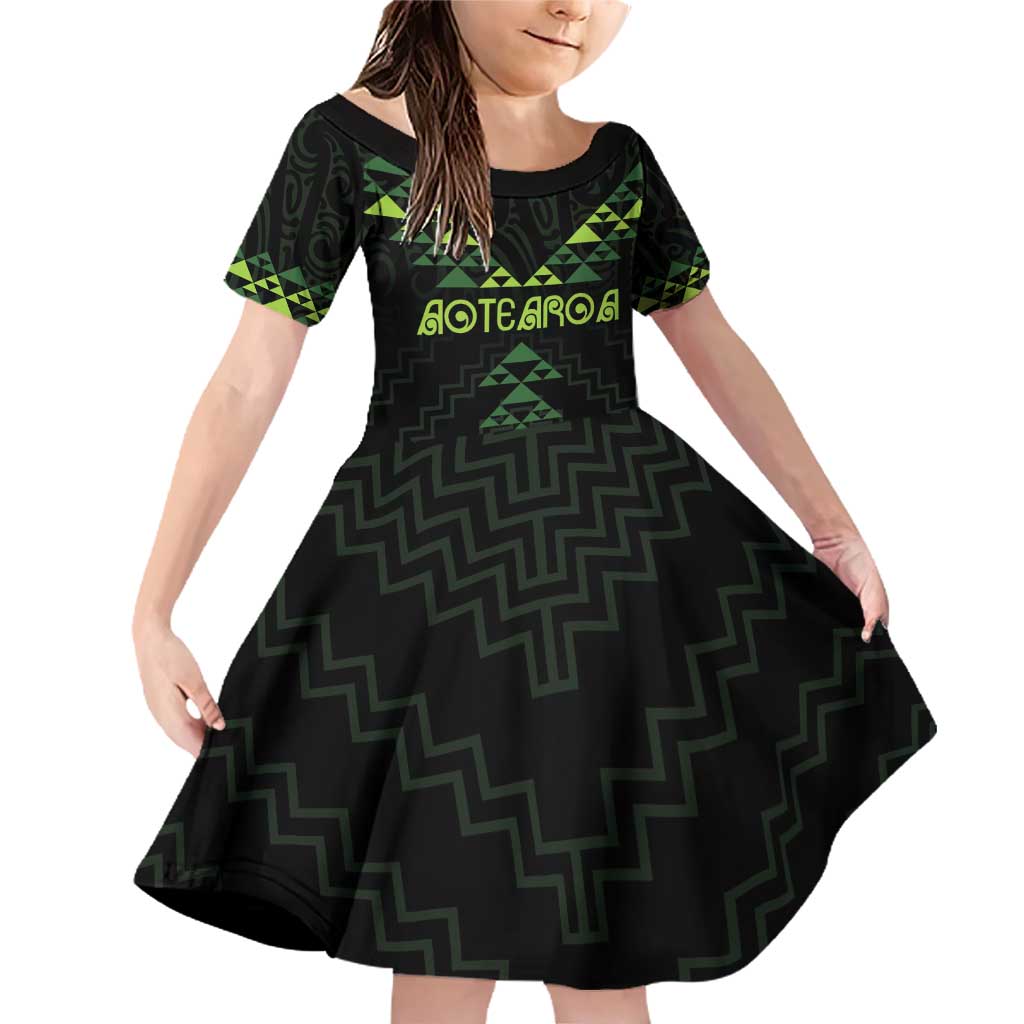 Custom New Zealand Maori Koru Koiri Motif Family Matching Off Shoulder Short Dress and Hawaiian Shirt LT9 Daughter's Dress Green - Polynesian Pride