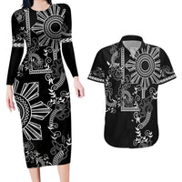 Filipino Sun Tribal Tattoo Couples Matching Long Sleeve Bodycon Dress and Hawaiian Shirt Philippines Inspired Barong Simple Black LT9 Black - Polynesian Pride