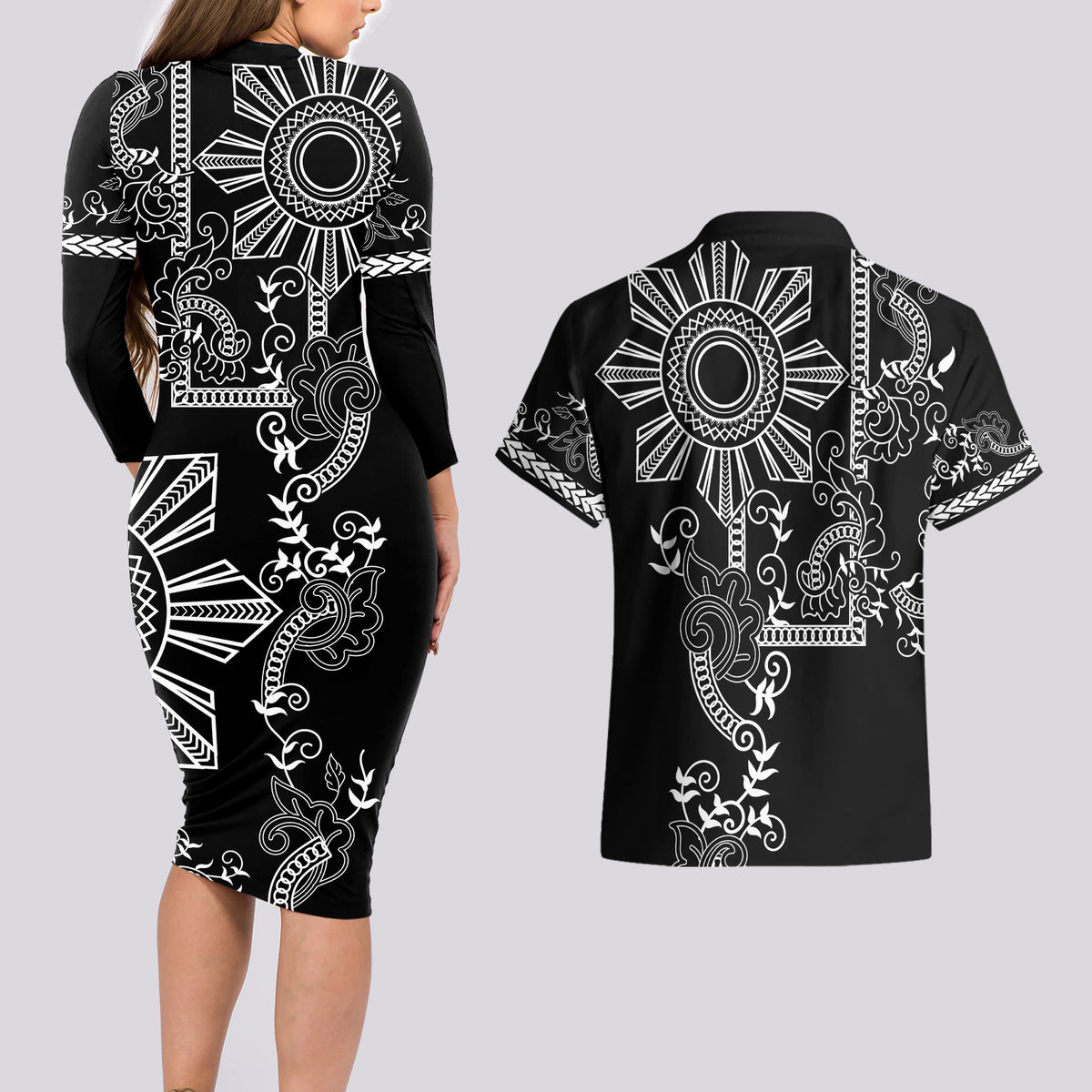 Filipino Sun Tribal Tattoo Couples Matching Long Sleeve Bodycon Dress and Hawaiian Shirt Philippines Inspired Barong Simple Black LT9 - Polynesian Pride
