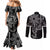 Filipino Sun Tribal Tattoo Couples Matching Mermaid Dress and Long Sleeve Button Shirt Philippines Inspired Barong Simple Black