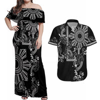 Filipino Sun Tribal Tattoo Couples Matching Off Shoulder Maxi Dress and Hawaiian Shirt Philippines Inspired Barong Simple Black LT9 Black - Polynesian Pride