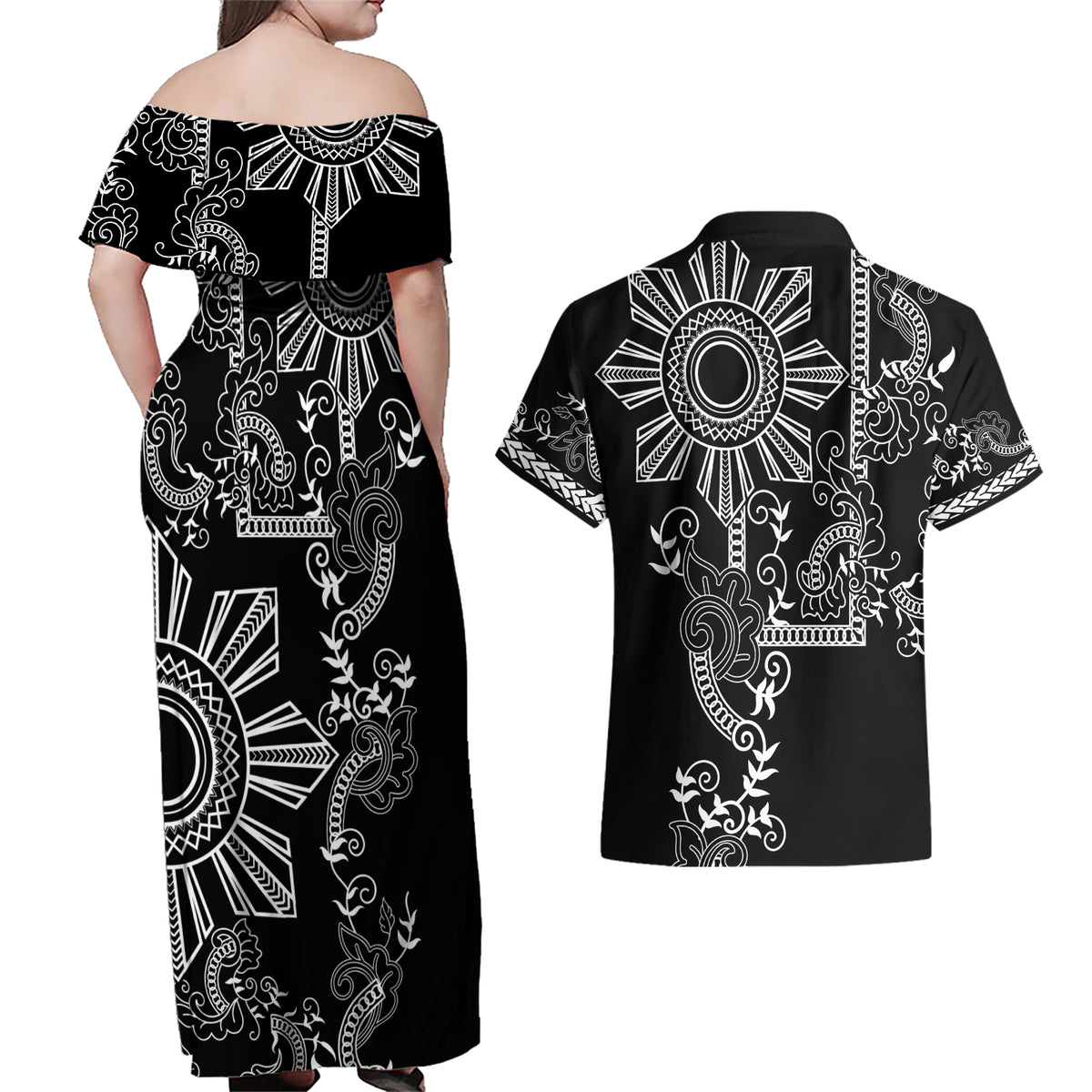Filipino Sun Tribal Tattoo Couples Matching Off Shoulder Maxi Dress and Hawaiian Shirt Philippines Inspired Barong Simple Black LT9 - Polynesian Pride