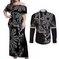 Filipino Sun Tribal Tattoo Couples Matching Off Shoulder Maxi Dress and Long Sleeve Button Shirt Philippines Inspired Barong Simple Black LT9 Black - Polynesian Pride