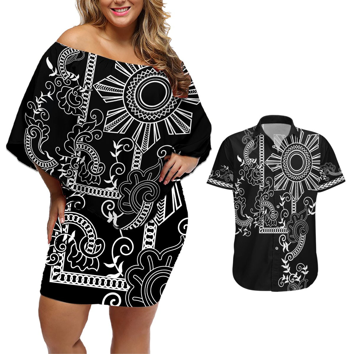 Filipino Sun Tribal Tattoo Couples Matching Off Shoulder Short Dress and Hawaiian Shirt Philippines Inspired Barong Simple Black LT9 Black - Polynesian Pride