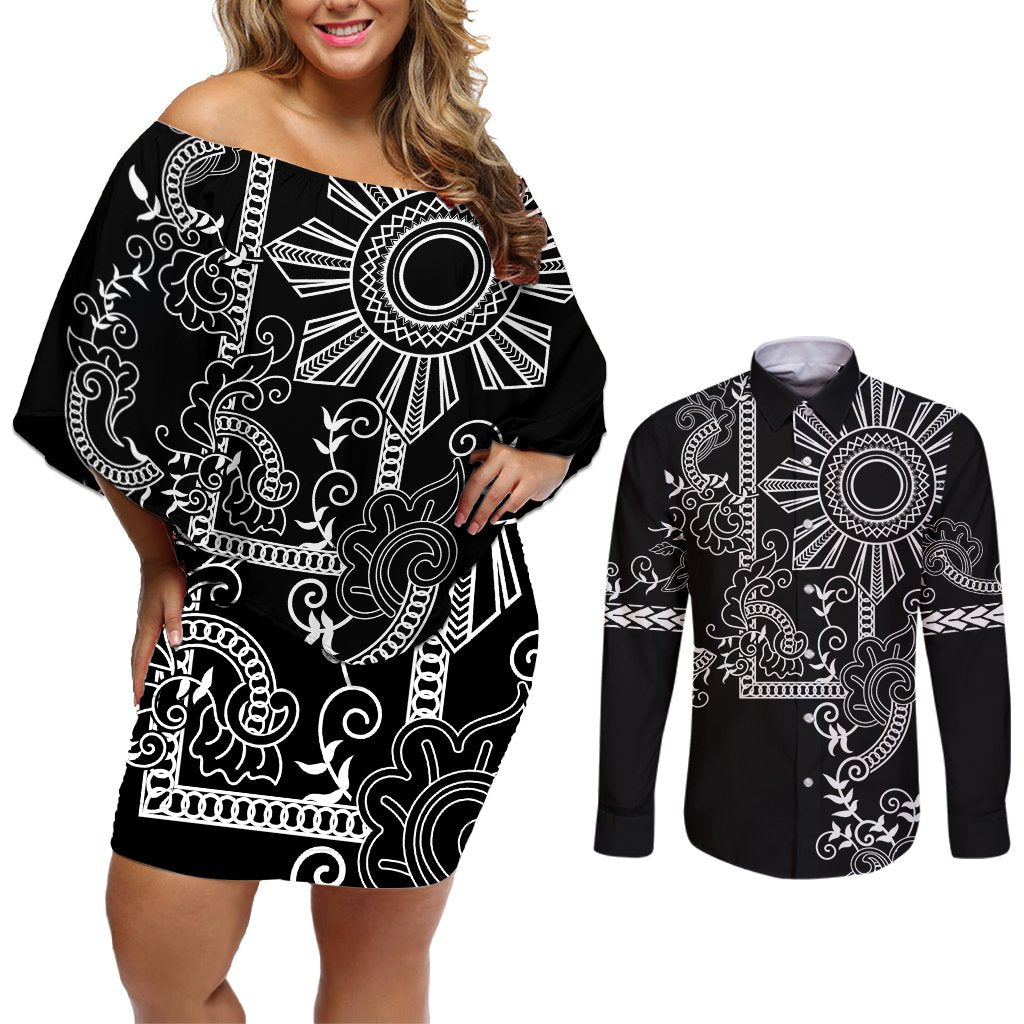 Filipino Sun Tribal Tattoo Couples Matching Off Shoulder Short Dress and Long Sleeve Button Shirt Philippines Inspired Barong Simple Black LT9 Black - Polynesian Pride