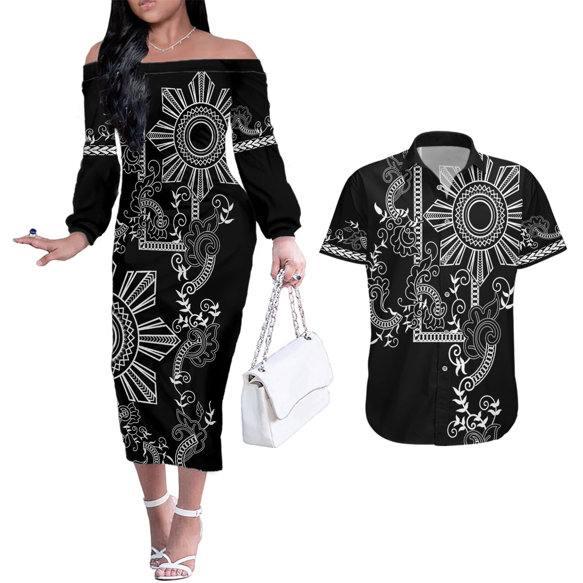 Filipino Sun Tribal Tattoo Couples Matching Off The Shoulder Long Sleeve Dress and Hawaiian Shirt Philippines Inspired Barong Simple Black LT9 Black - Polynesian Pride