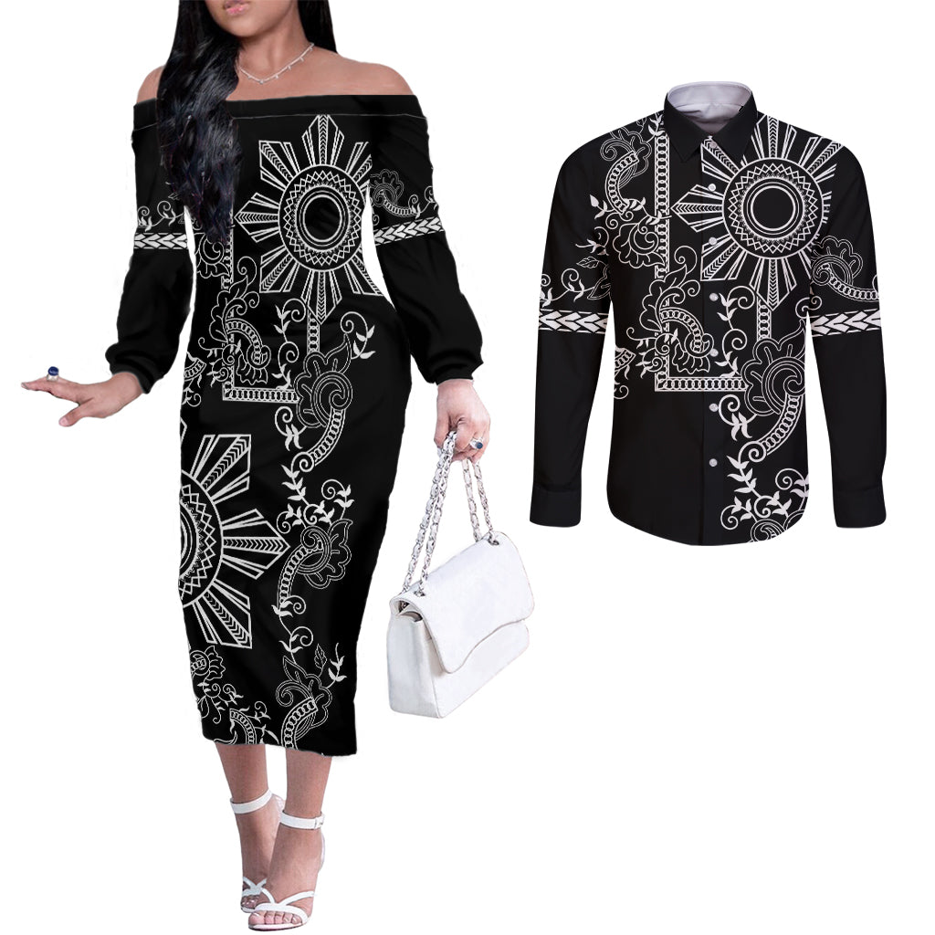 Filipino Sun Tribal Tattoo Couples Matching Off The Shoulder Long Sleeve Dress and Long Sleeve Button Shirt Philippines Inspired Barong Simple Black LT9 Black - Polynesian Pride