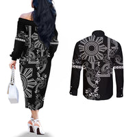 Filipino Sun Tribal Tattoo Couples Matching Off The Shoulder Long Sleeve Dress and Long Sleeve Button Shirt Philippines Inspired Barong Simple Black LT9 - Polynesian Pride