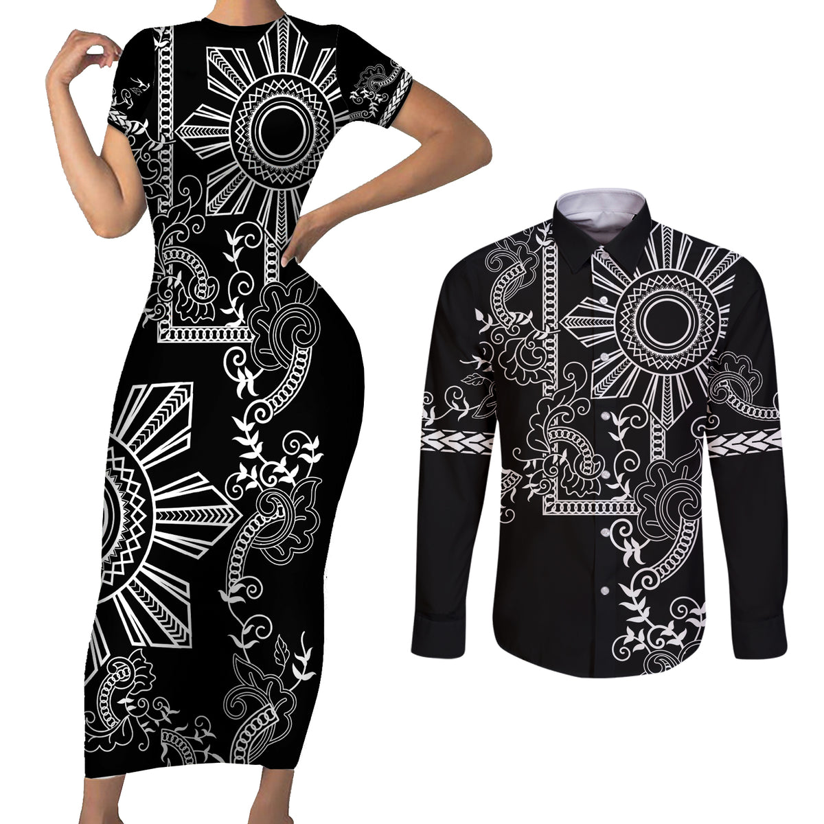 Filipino Sun Tribal Tattoo Couples Matching Short Sleeve Bodycon Dress and Long Sleeve Button Shirt Philippines Inspired Barong Simple Black LT9 Black - Polynesian Pride