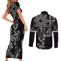 Filipino Sun Tribal Tattoo Couples Matching Short Sleeve Bodycon Dress and Long Sleeve Button Shirt Philippines Inspired Barong Simple Black LT9 - Polynesian Pride