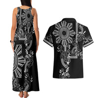 Filipino Sun Tribal Tattoo Couples Matching Tank Maxi Dress and Hawaiian Shirt Philippines Inspired Barong Simple Black LT9 - Polynesian Pride