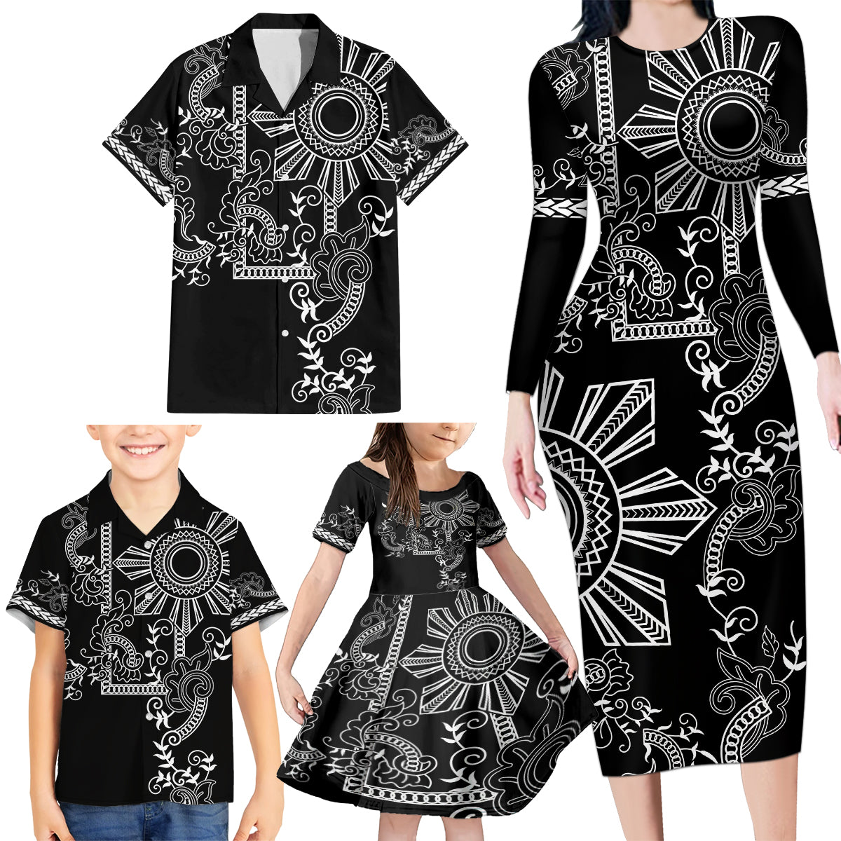 Filipino Sun Tribal Tattoo Family Matching Long Sleeve Bodycon Dress and Hawaiian Shirt Philippines Inspired Barong Simple Black LT9 - Polynesian Pride
