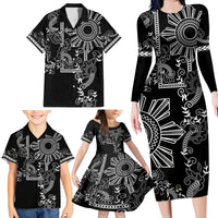 Filipino Sun Tribal Tattoo Family Matching Long Sleeve Bodycon Dress and Hawaiian Shirt Philippines Inspired Barong Simple Black LT9 - Polynesian Pride