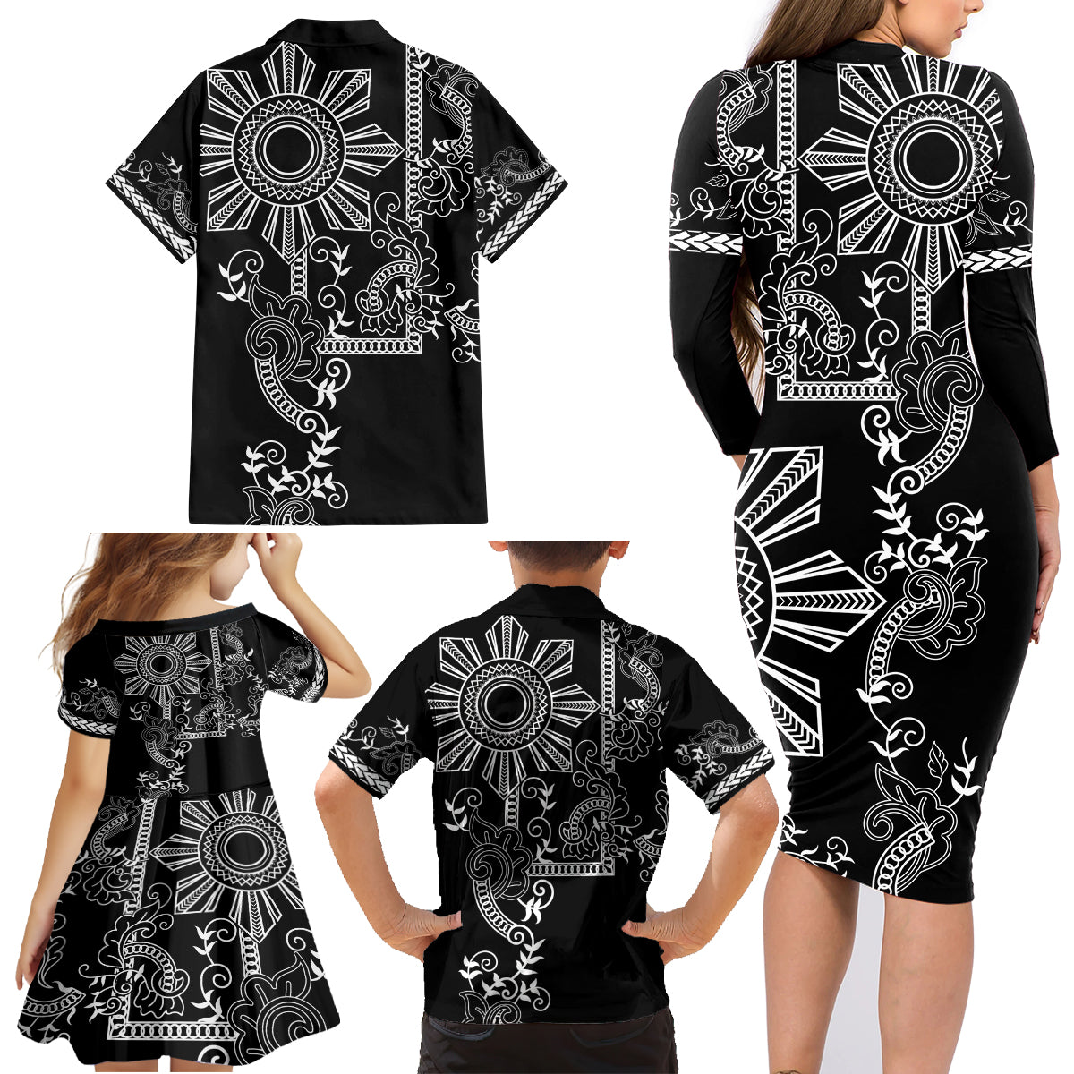Filipino Sun Tribal Tattoo Family Matching Long Sleeve Bodycon Dress and Hawaiian Shirt Philippines Inspired Barong Simple Black LT9 - Polynesian Pride