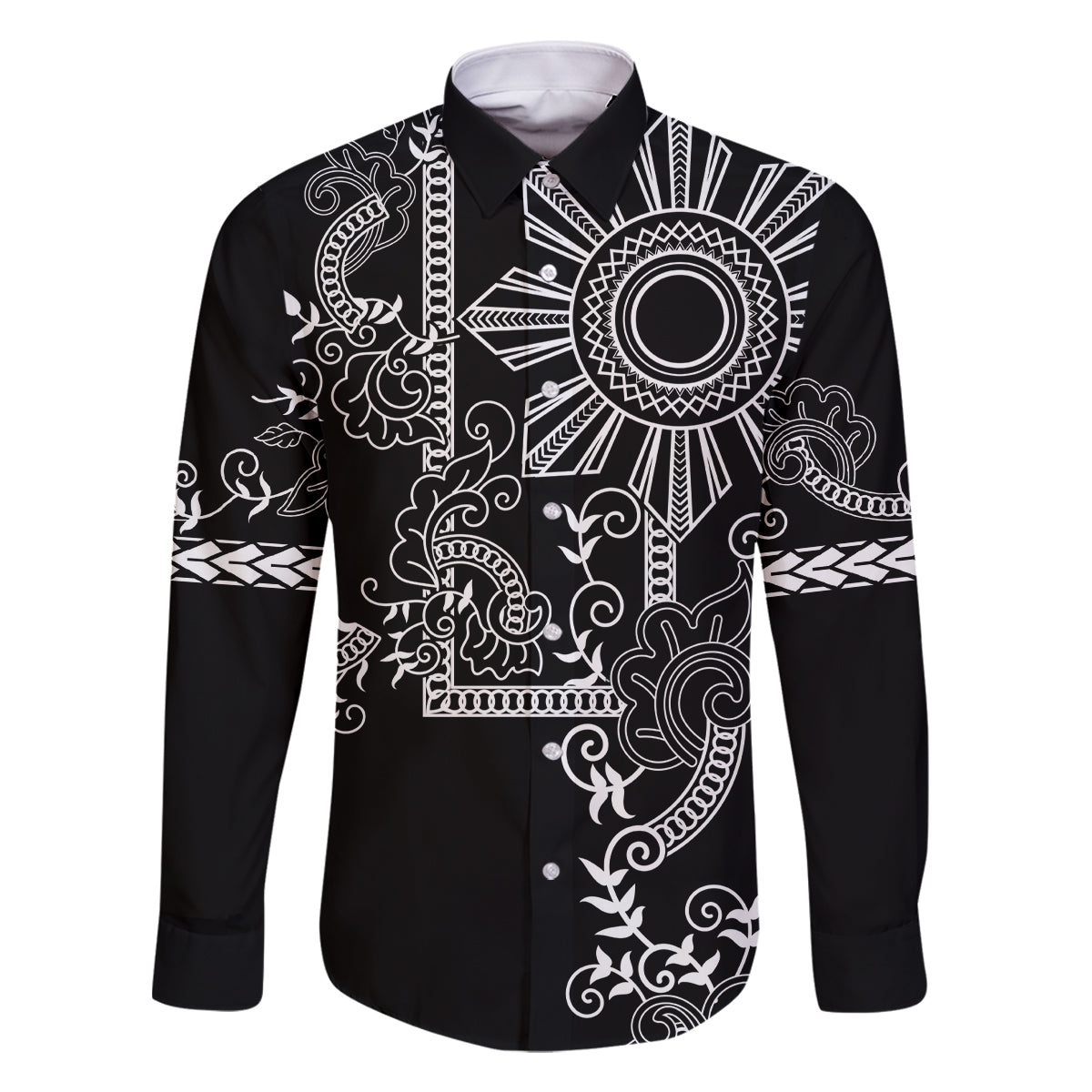 Filipino Sun Tribal Tattoo Family Matching Long Sleeve Bodycon Dress and Hawaiian Shirt Philippines Inspired Barong Simple Black LT9 Dad's Shirt - Long Sleeve Black - Polynesian Pride