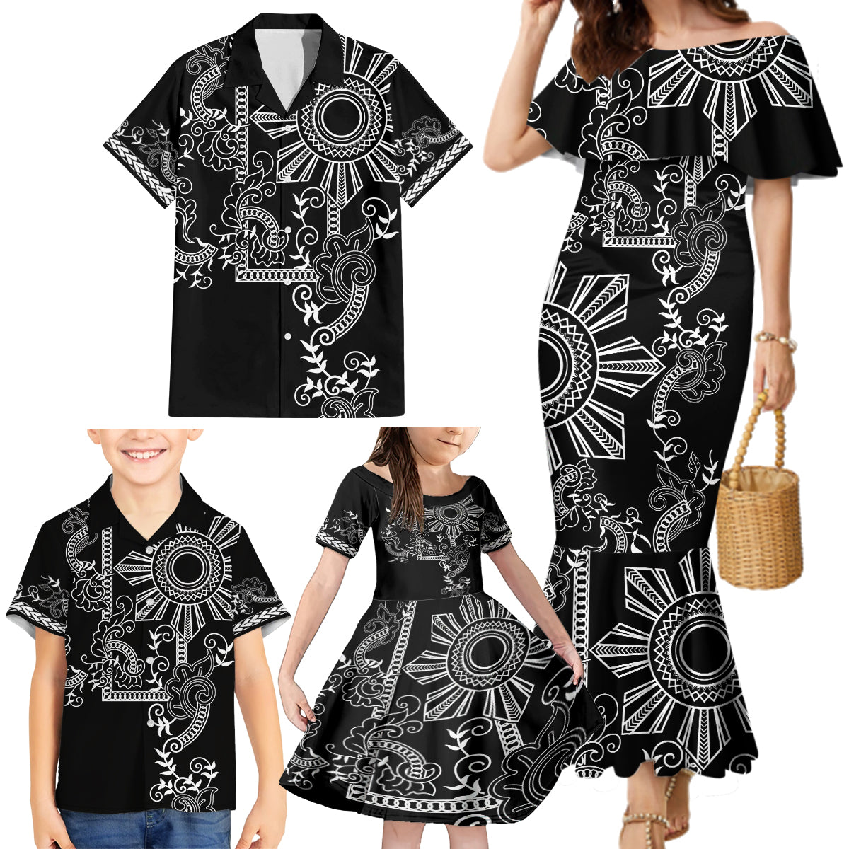 Filipino Sun Tribal Tattoo Family Matching Mermaid Dress and Hawaiian Shirt Philippines Inspired Barong Simple Black LT9 - Polynesian Pride