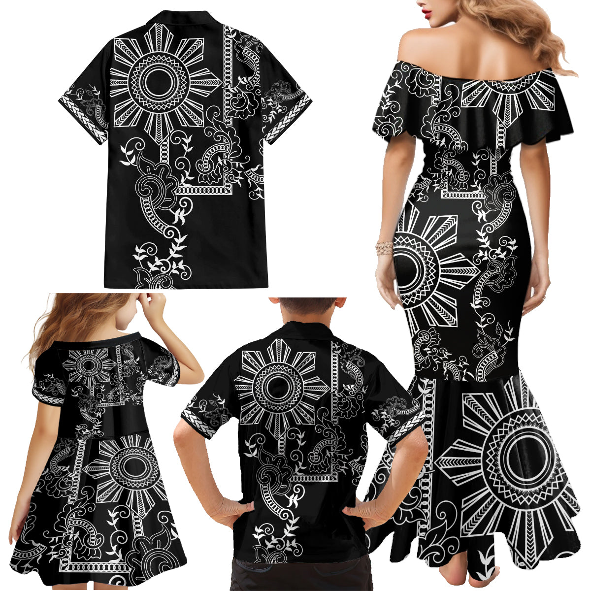 Filipino Sun Tribal Tattoo Family Matching Mermaid Dress and Hawaiian Shirt Philippines Inspired Barong Simple Black LT9 - Polynesian Pride