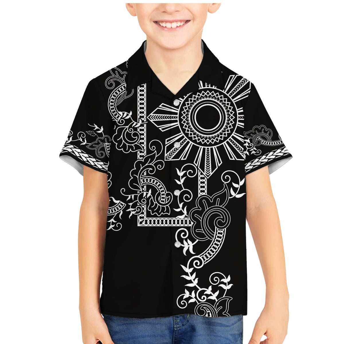 Filipino Sun Tribal Tattoo Family Matching Mermaid Dress and Hawaiian Shirt Philippines Inspired Barong Simple Black LT9 Son's Shirt Black - Polynesian Pride