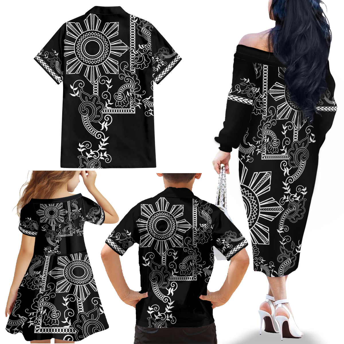 Filipino Sun Tribal Tattoo Family Matching Off The Shoulder Long Sleeve Dress and Hawaiian Shirt Philippines Inspired Barong Simple Black LT9 - Polynesian Pride