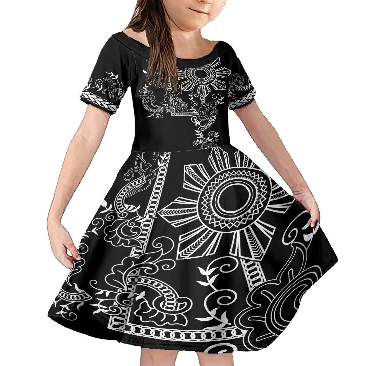 Filipino Sun Tribal Tattoo Family Matching Off Shoulder Maxi Dress and Hawaiian Shirt Philippines Inspired Barong Simple Black LT9 Daughter's Dress Black - Polynesian Pride