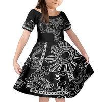 Filipino Sun Tribal Tattoo Family Matching Off Shoulder Maxi Dress and Hawaiian Shirt Philippines Inspired Barong Simple Black LT9 Daughter's Dress Black - Polynesian Pride