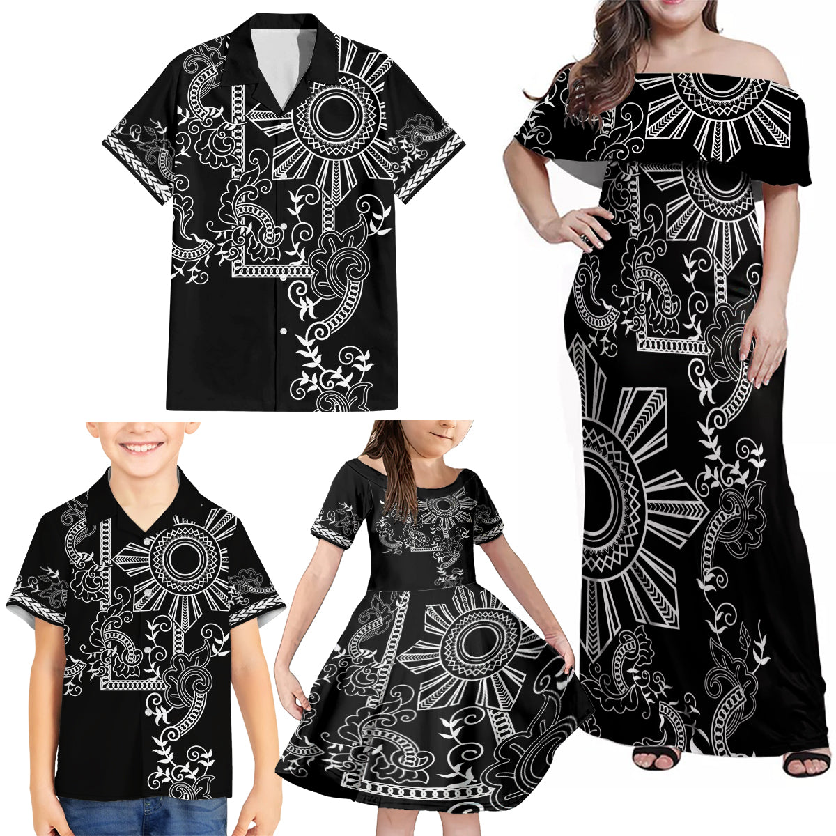 Filipino Sun Tribal Tattoo Family Matching Off Shoulder Maxi Dress and Hawaiian Shirt Philippines Inspired Barong Simple Black LT9 - Polynesian Pride