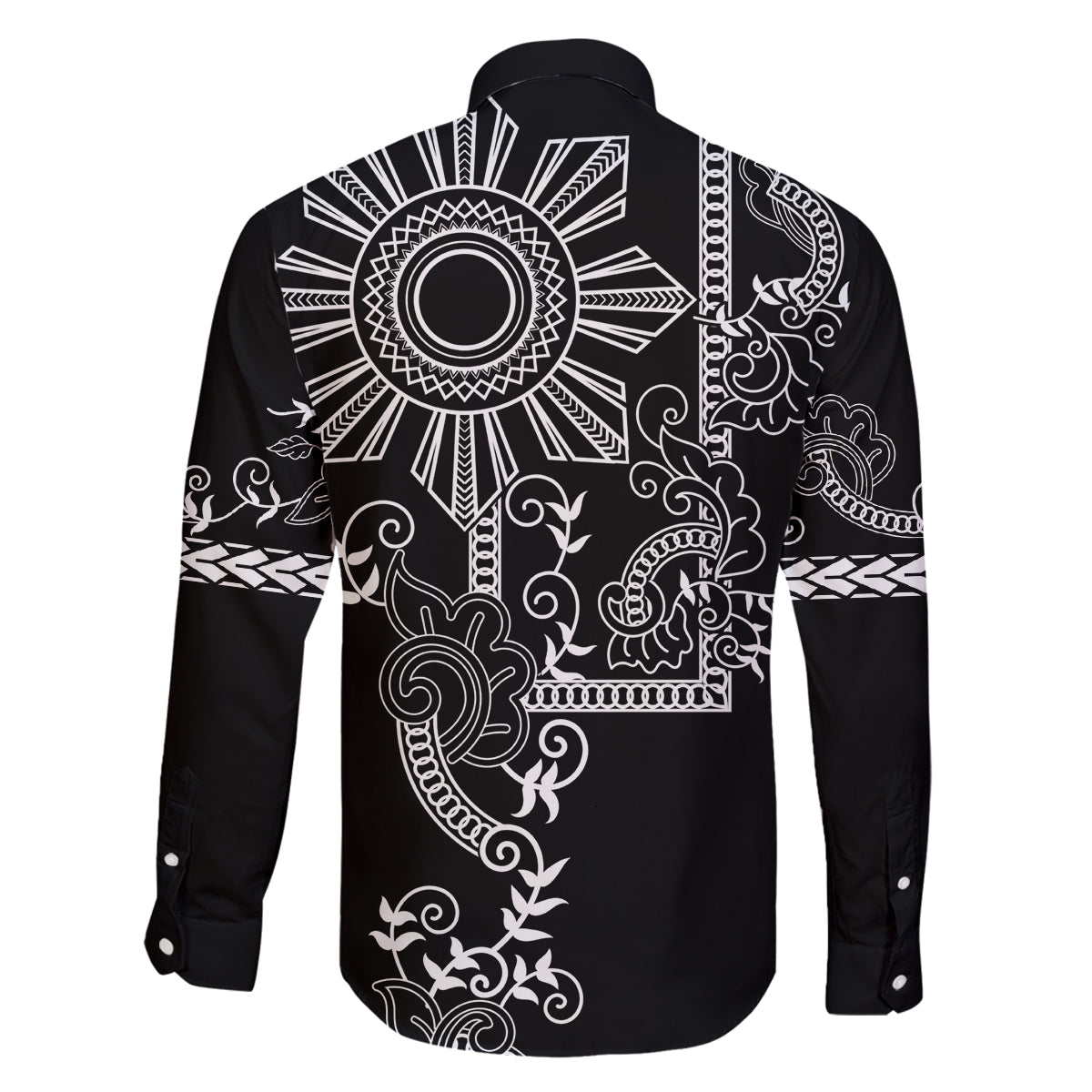 Filipino Sun Tribal Tattoo Family Matching Off Shoulder Maxi Dress and Hawaiian Shirt Philippines Inspired Barong Simple Black LT9 - Polynesian Pride