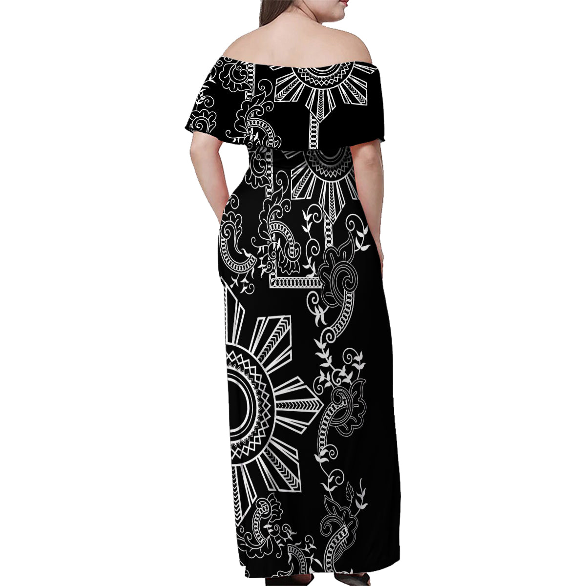Filipino Sun Tribal Tattoo Family Matching Off Shoulder Maxi Dress and Hawaiian Shirt Philippines Inspired Barong Simple Black LT9 - Polynesian Pride