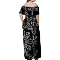 Filipino Sun Tribal Tattoo Family Matching Off Shoulder Maxi Dress and Hawaiian Shirt Philippines Inspired Barong Simple Black LT9 - Polynesian Pride