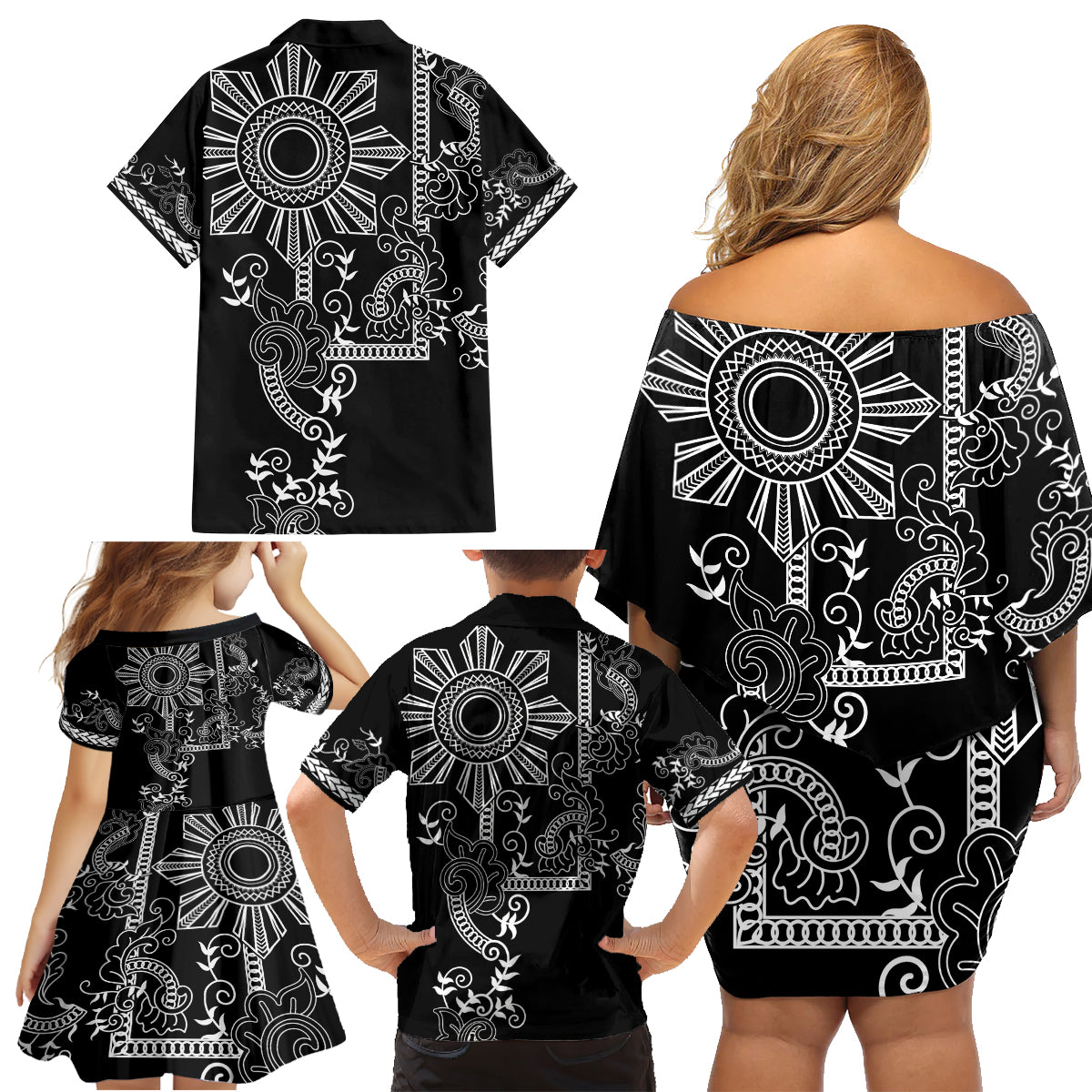 Filipino Sun Tribal Tattoo Family Matching Off Shoulder Short Dress and Hawaiian Shirt Philippines Inspired Barong Simple Black LT9 - Polynesian Pride