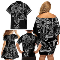 Filipino Sun Tribal Tattoo Family Matching Off Shoulder Short Dress and Hawaiian Shirt Philippines Inspired Barong Simple Black LT9 - Polynesian Pride