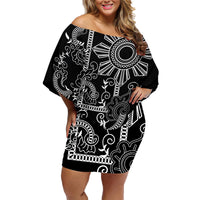 Filipino Sun Tribal Tattoo Family Matching Off Shoulder Short Dress and Hawaiian Shirt Philippines Inspired Barong Simple Black LT9 Mom's Dress Black - Polynesian Pride