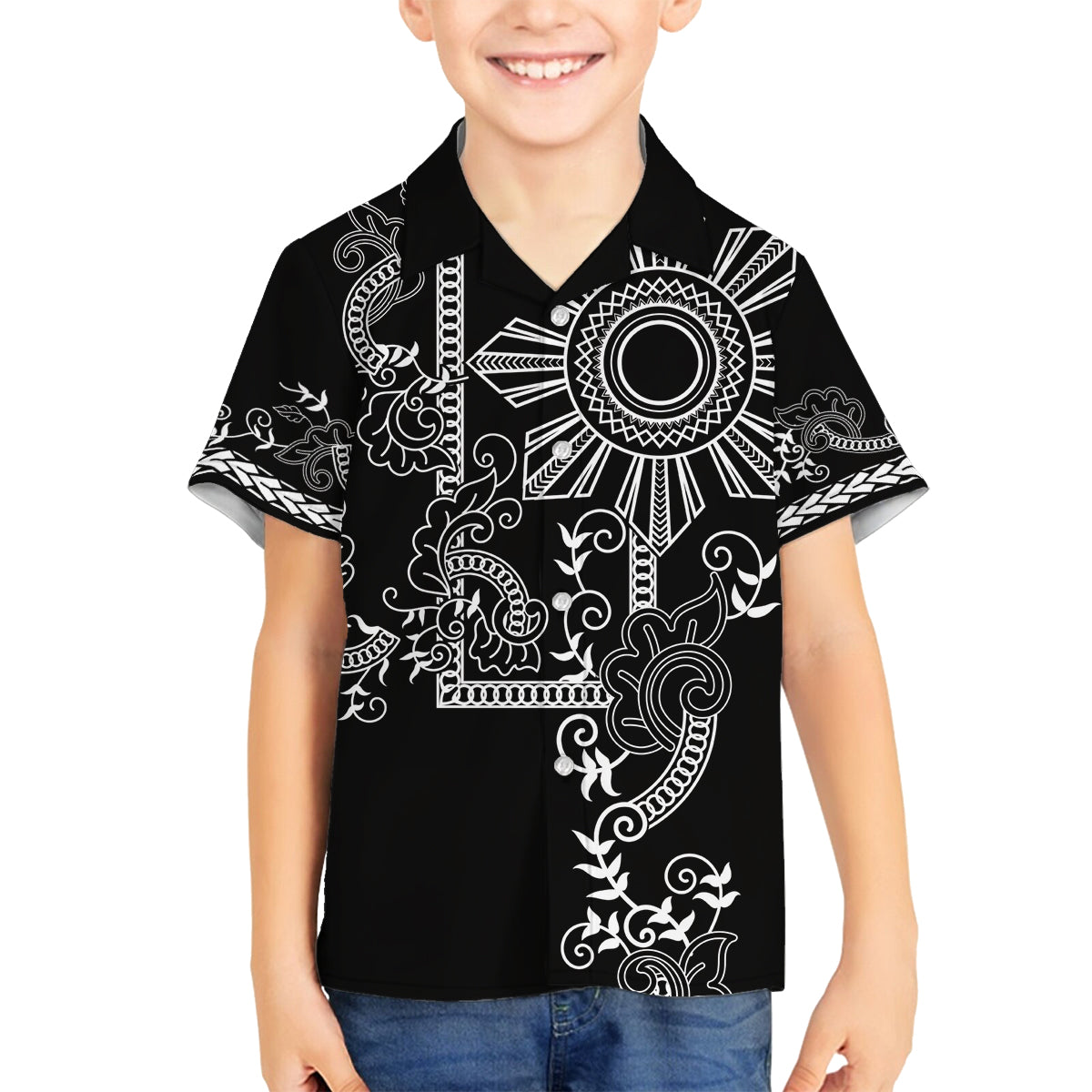 Filipino Sun Tribal Tattoo Family Matching Off Shoulder Short Dress and Hawaiian Shirt Philippines Inspired Barong Simple Black LT9 Son's Shirt Black - Polynesian Pride