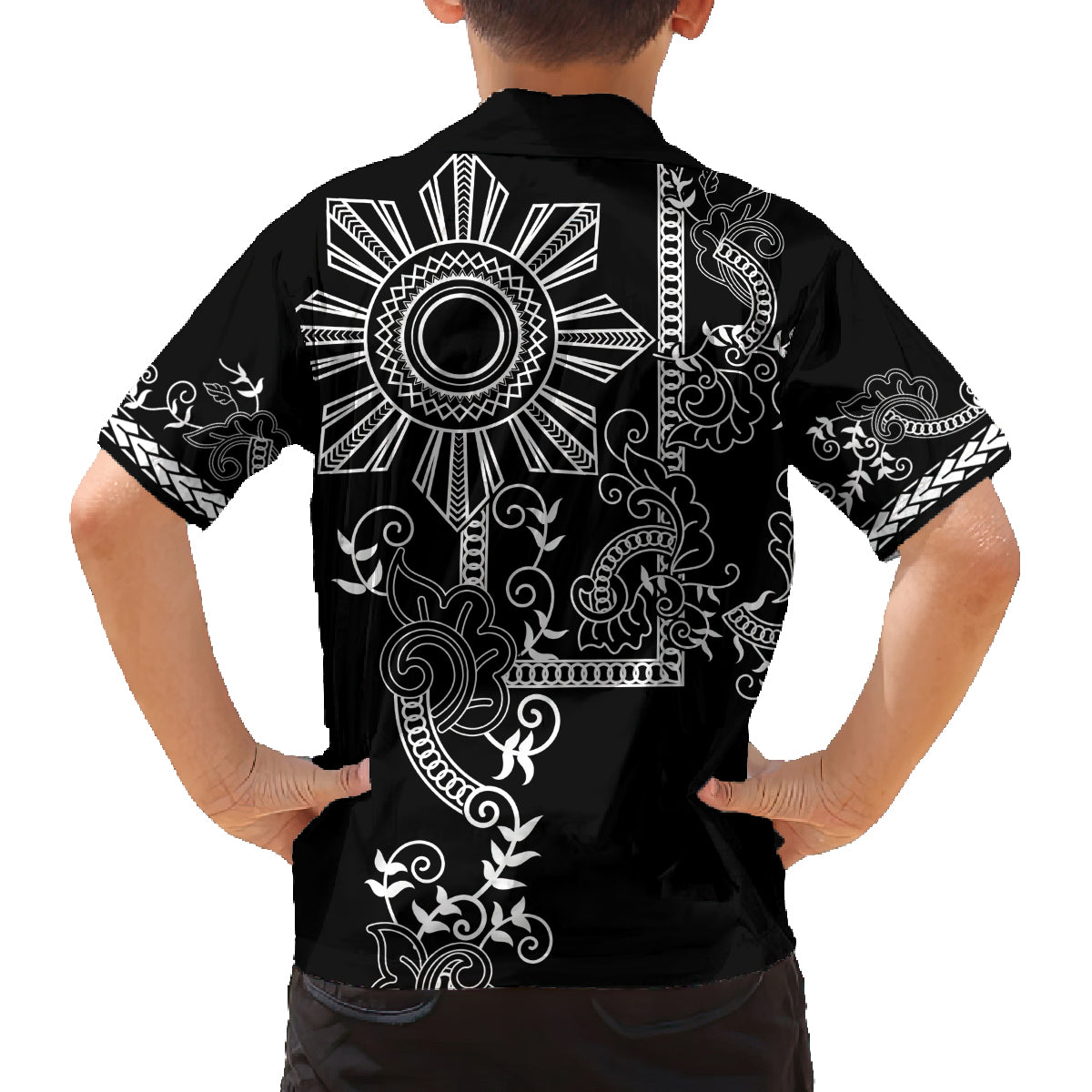 Filipino Sun Tribal Tattoo Family Matching Puletasi and Hawaiian Shirt Philippines Inspired Barong Simple Black LT9 - Polynesian Pride
