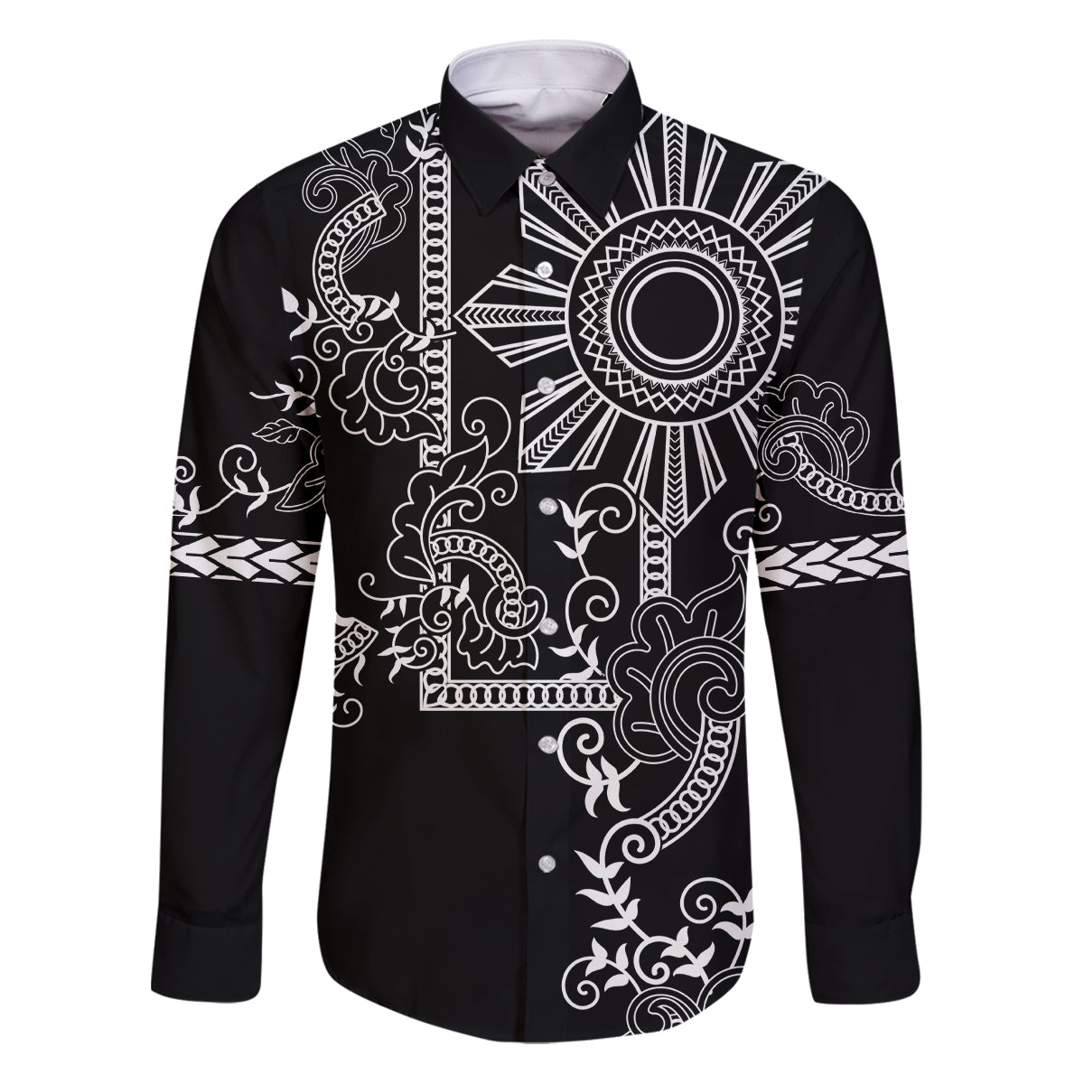 Filipino Sun Tribal Tattoo Family Matching Puletasi and Hawaiian Shirt Philippines Inspired Barong Simple Black LT9 Dad's Shirt - Long Sleeve Black - Polynesian Pride
