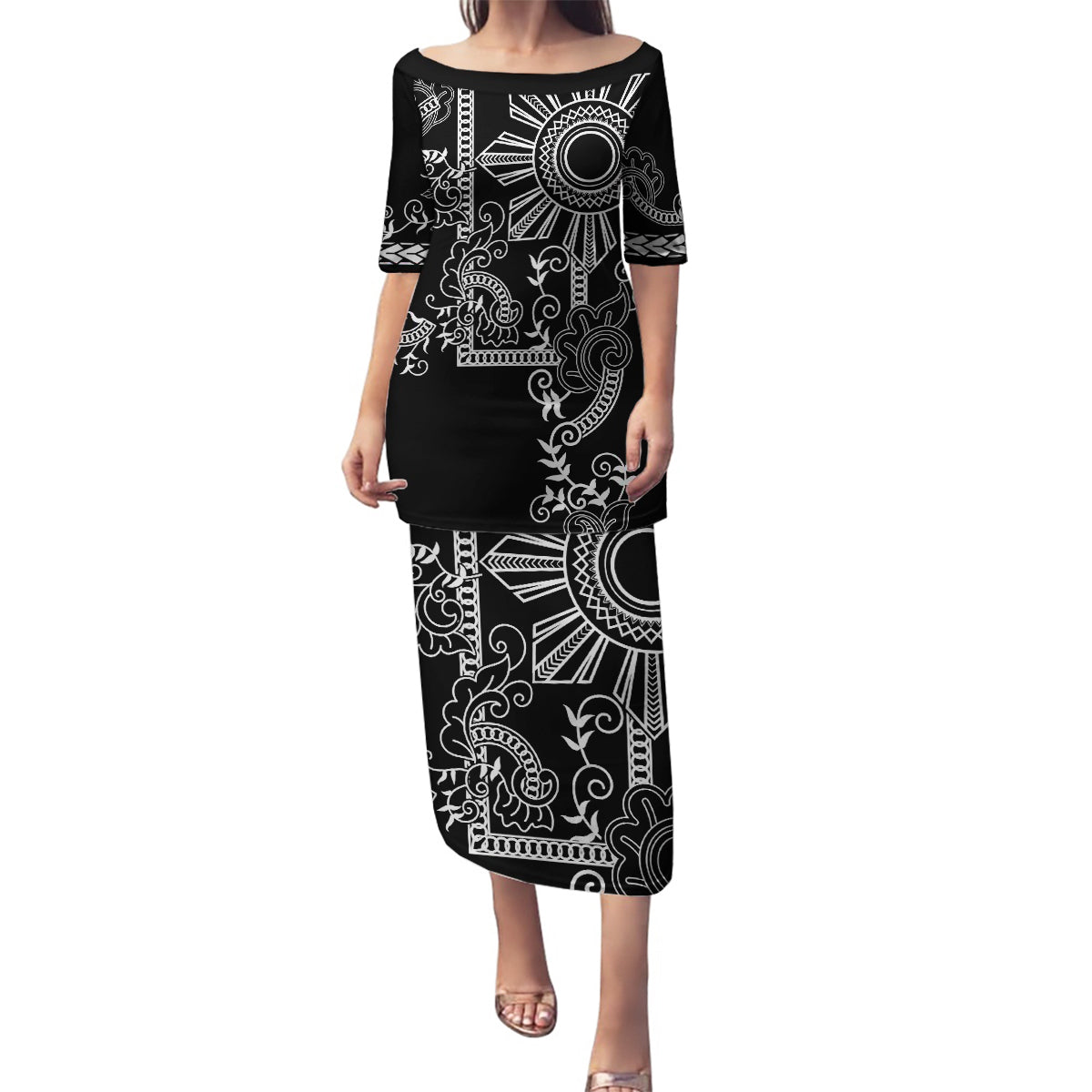 Filipino Sun Tribal Tattoo Family Matching Puletasi and Hawaiian Shirt Philippines Inspired Barong Simple Black LT9 Mom's Dress Black - Polynesian Pride