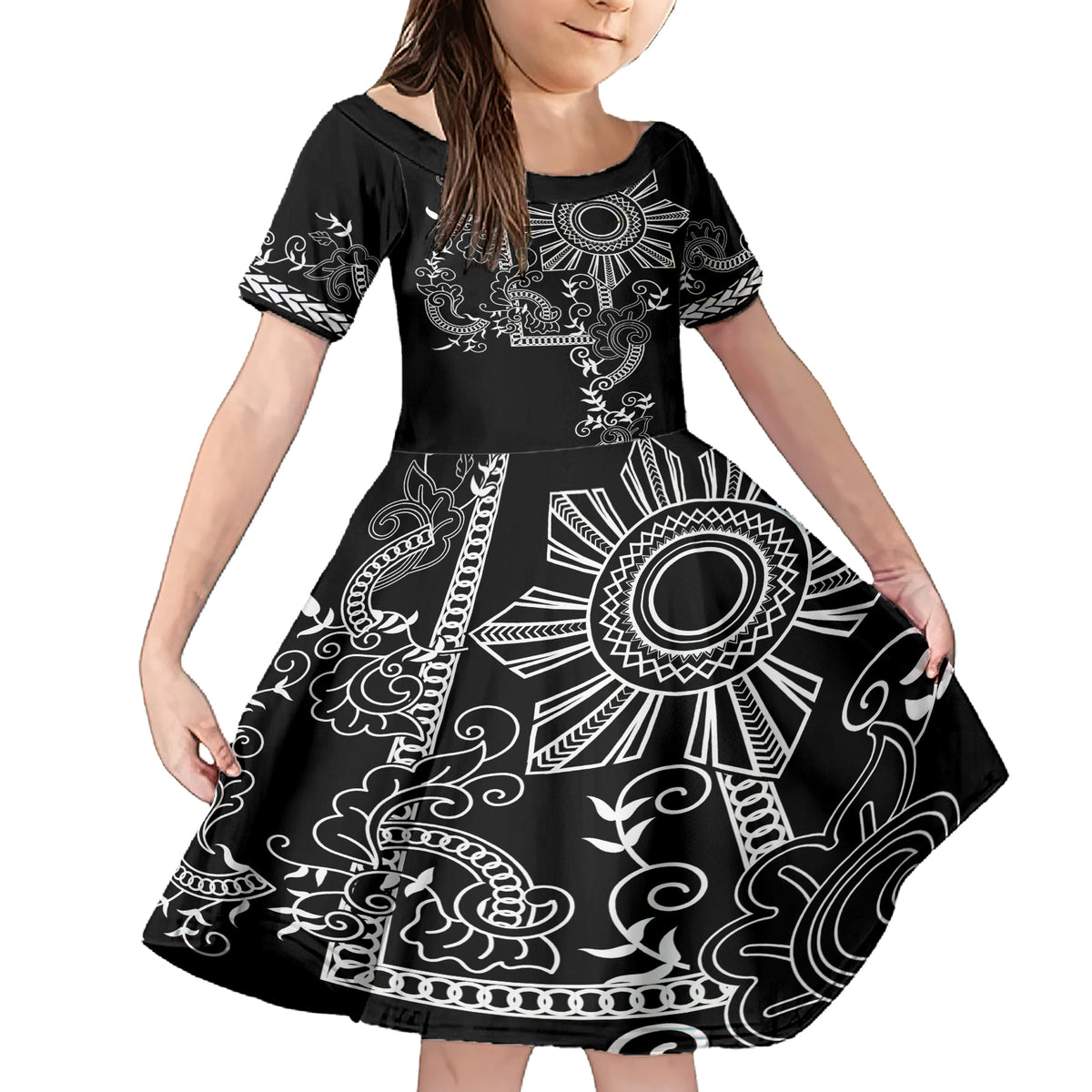 Filipino Sun Tribal Tattoo Family Matching Short Sleeve Bodycon Dress and Hawaiian Shirt Philippines Inspired Barong Simple Black LT9 Daughter's Dress Black - Polynesian Pride