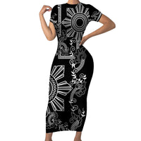 Filipino Sun Tribal Tattoo Family Matching Short Sleeve Bodycon Dress and Hawaiian Shirt Philippines Inspired Barong Simple Black LT9 Mom's Dress Black - Polynesian Pride