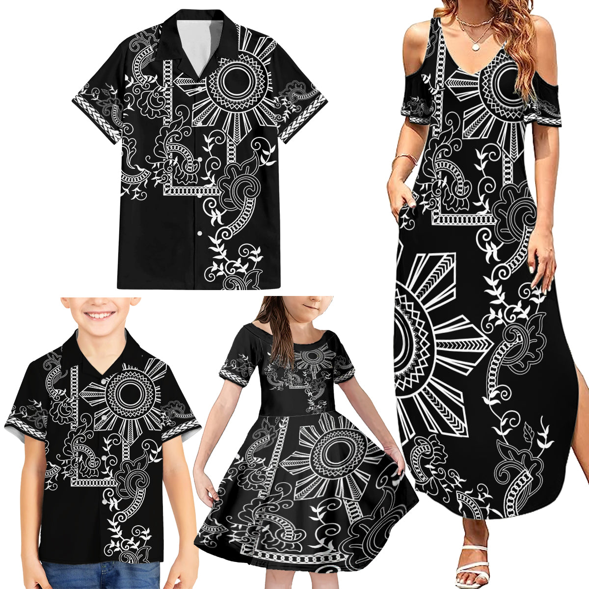Filipino Sun Tribal Tattoo Family Matching Summer Maxi Dress and Hawaiian Shirt Philippines Inspired Barong Simple Black LT9 - Polynesian Pride