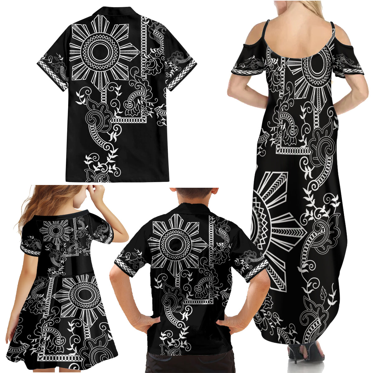 Filipino Sun Tribal Tattoo Family Matching Summer Maxi Dress and Hawaiian Shirt Philippines Inspired Barong Simple Black LT9 - Polynesian Pride