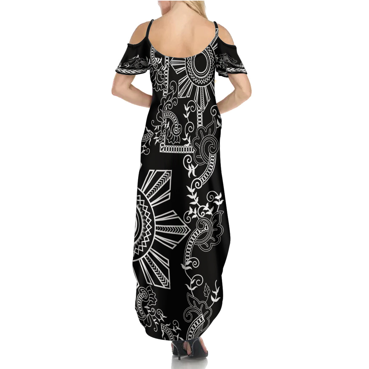 Filipino Sun Tribal Tattoo Family Matching Summer Maxi Dress and Hawaiian Shirt Philippines Inspired Barong Simple Black LT9 - Polynesian Pride