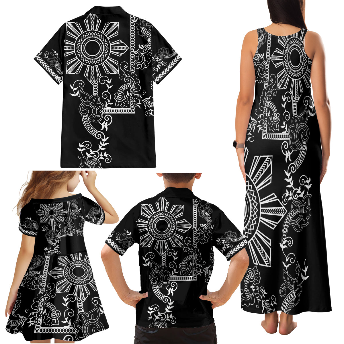 Filipino Sun Tribal Tattoo Family Matching Tank Maxi Dress and Hawaiian Shirt Philippines Inspired Barong Simple Black LT9 - Polynesian Pride